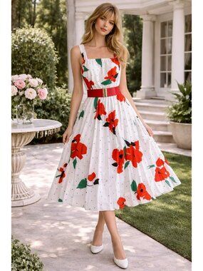 Vintage Haggar’s Women’s Wear Floral Polka Dot Pleated Midi Dress White Red Gree